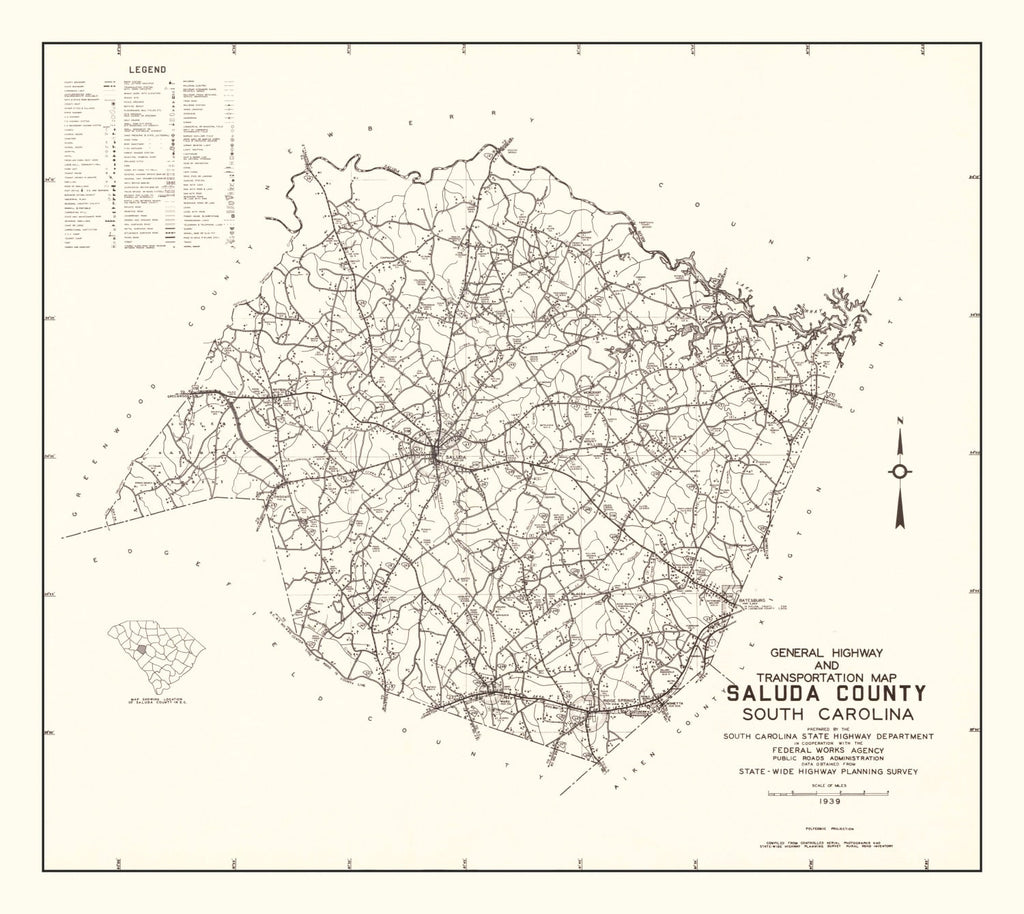 Vintage Map of Saluda County, South Carolina 1939