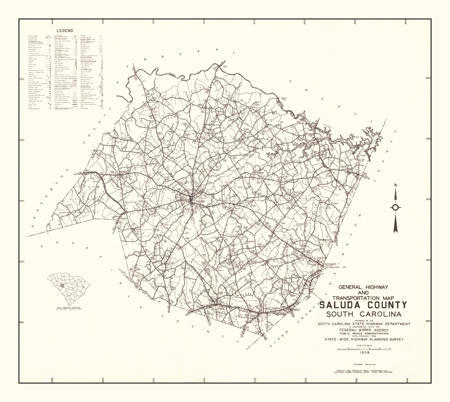 Vintage Map of Saluda County, South Carolina 1939