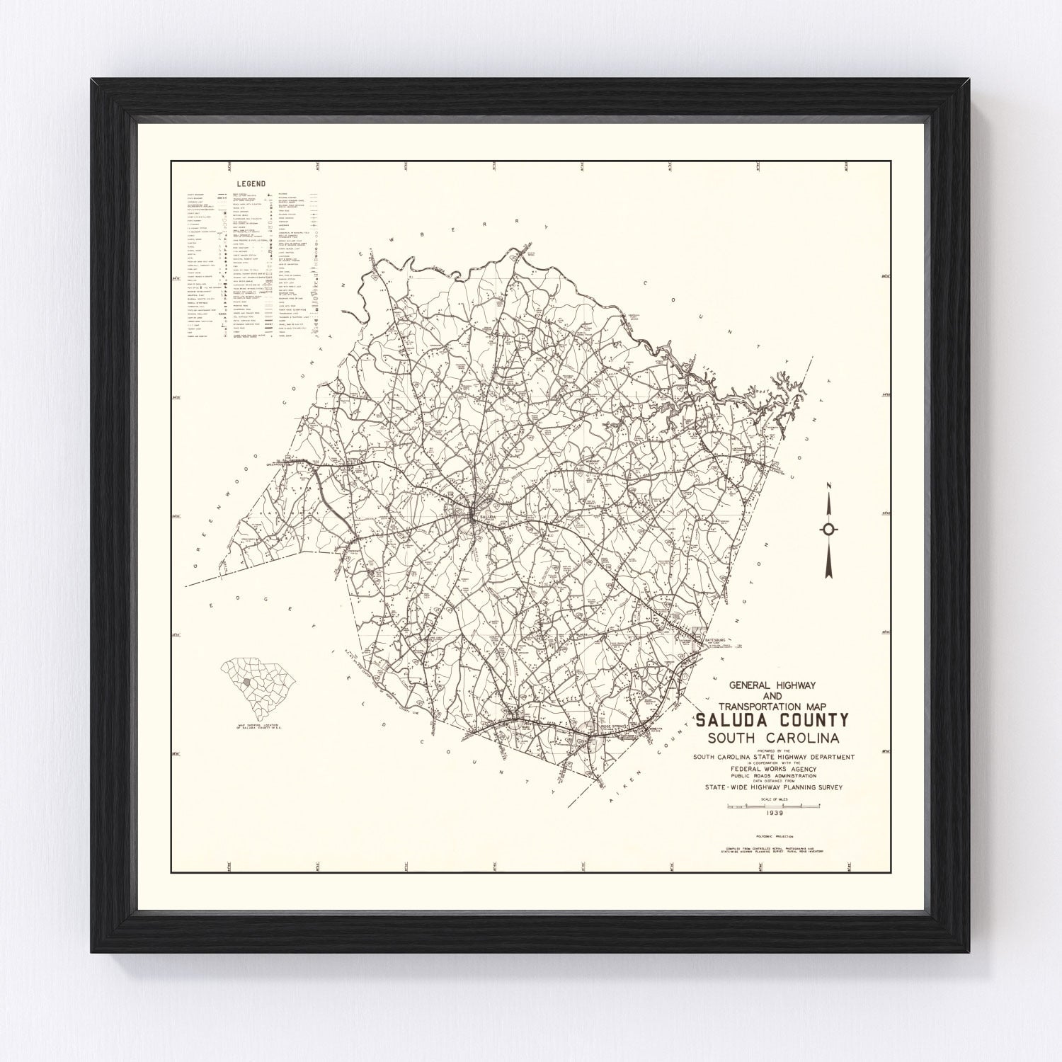 Vintage Map of Saluda County, South Carolina 1939