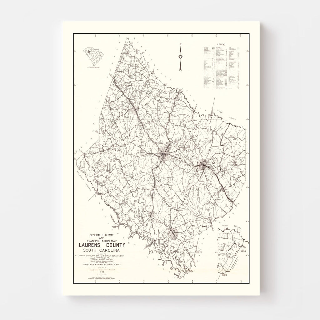 Vintage Map of Laurens County, South Carolina 1939