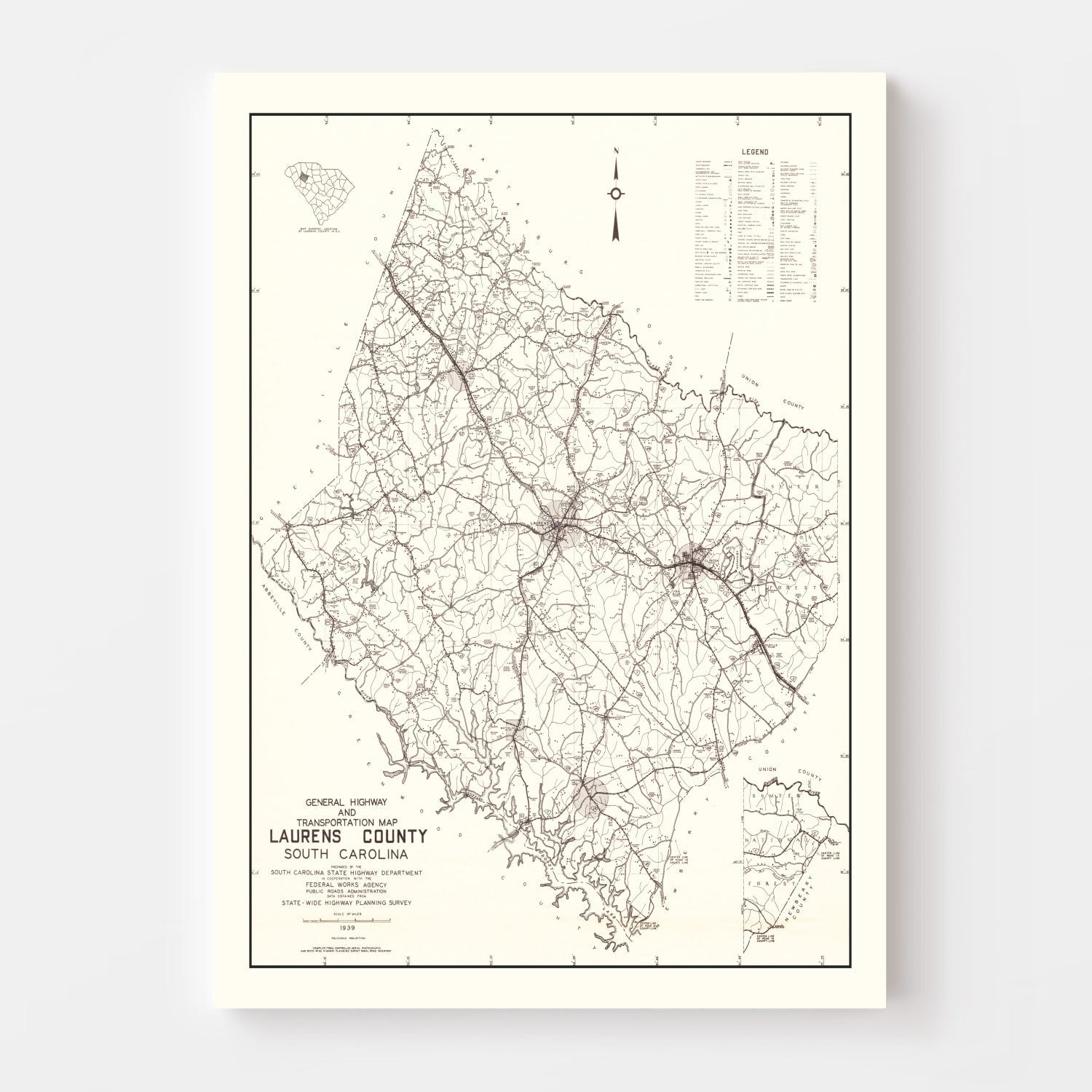 Vintage Map of Laurens County, South Carolina 1939