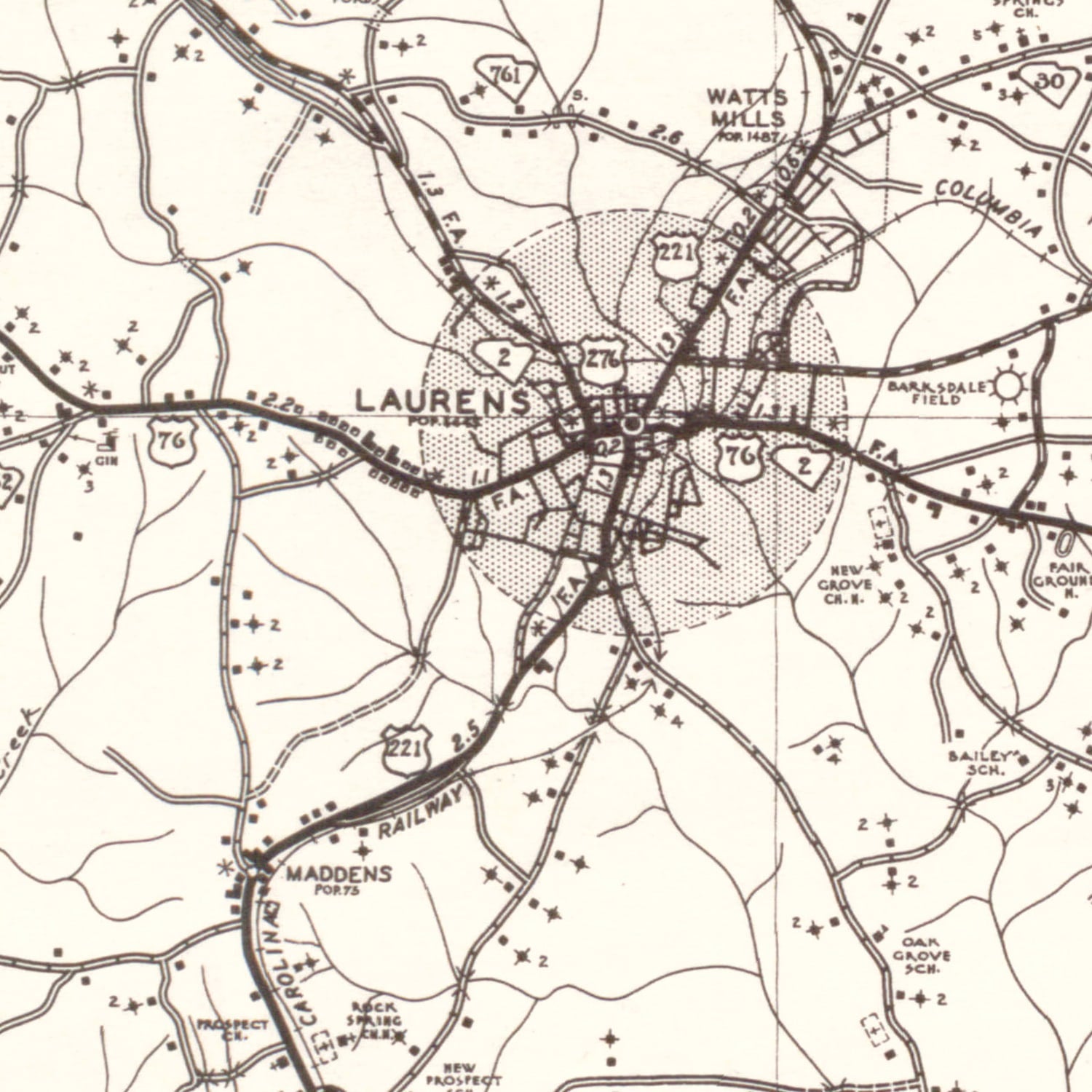 Vintage Map of Laurens County, South Carolina 1939