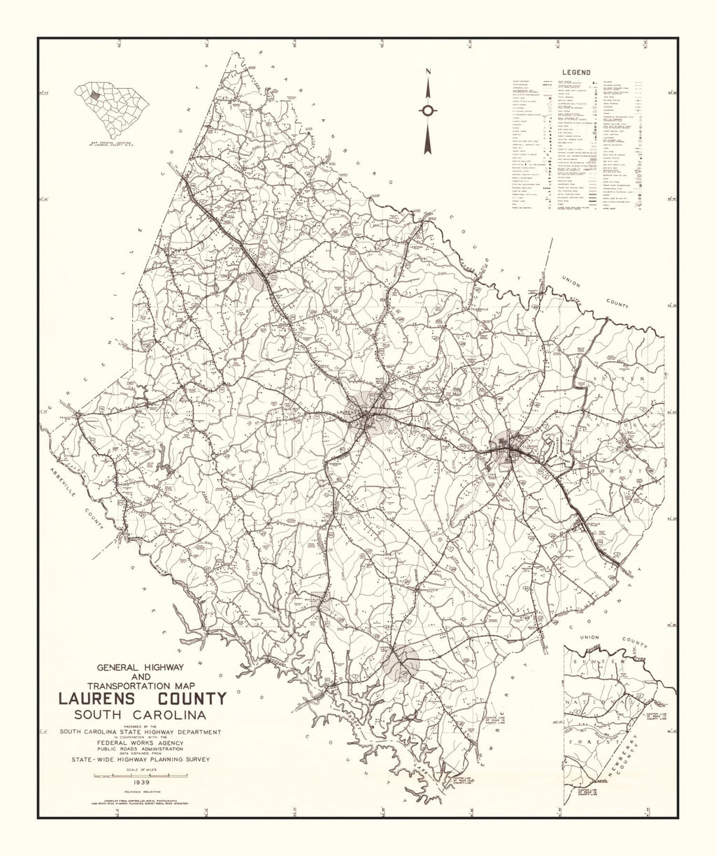 Vintage Map of Laurens County, South Carolina 1939