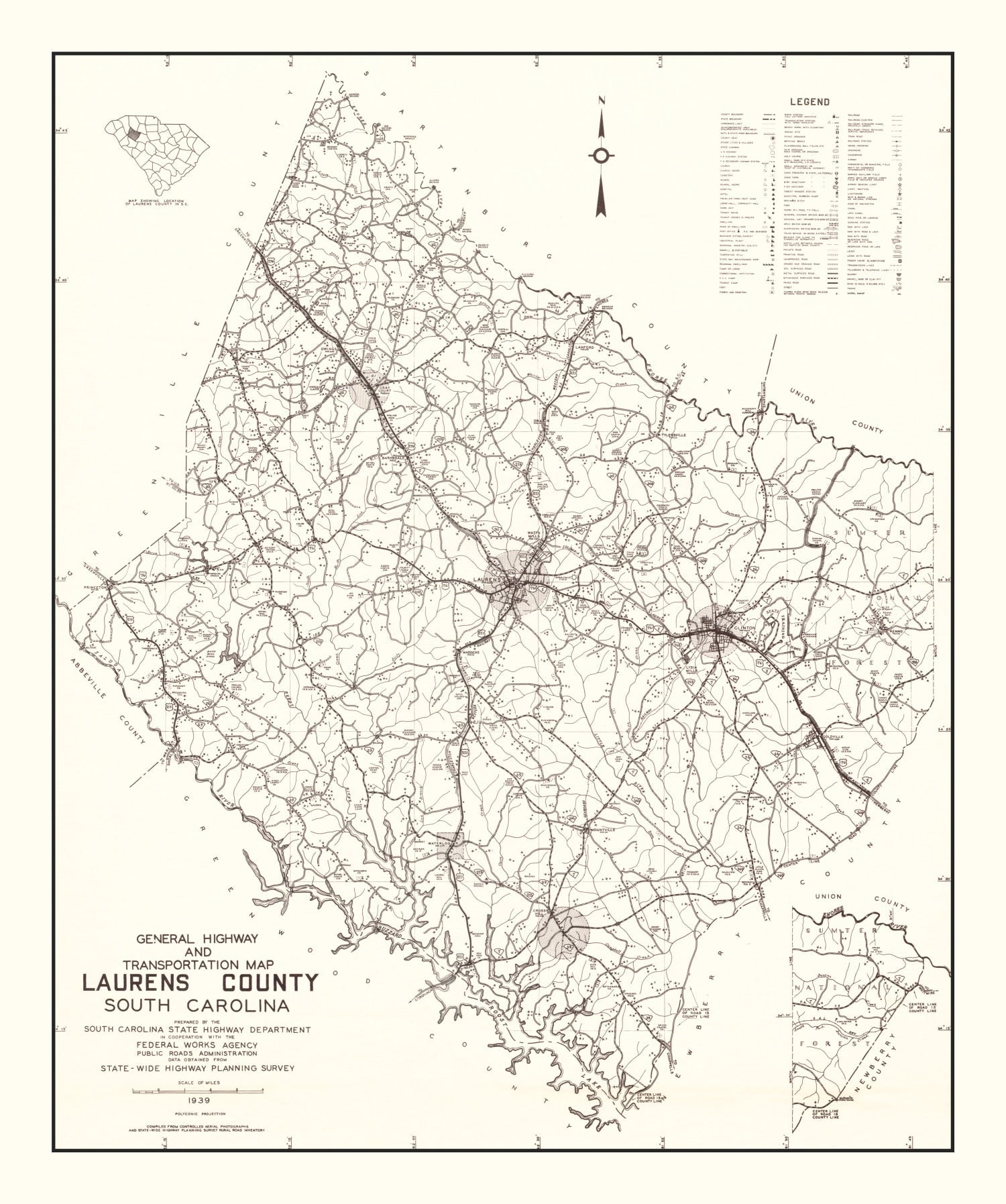 Vintage Map of Laurens County, South Carolina 1939