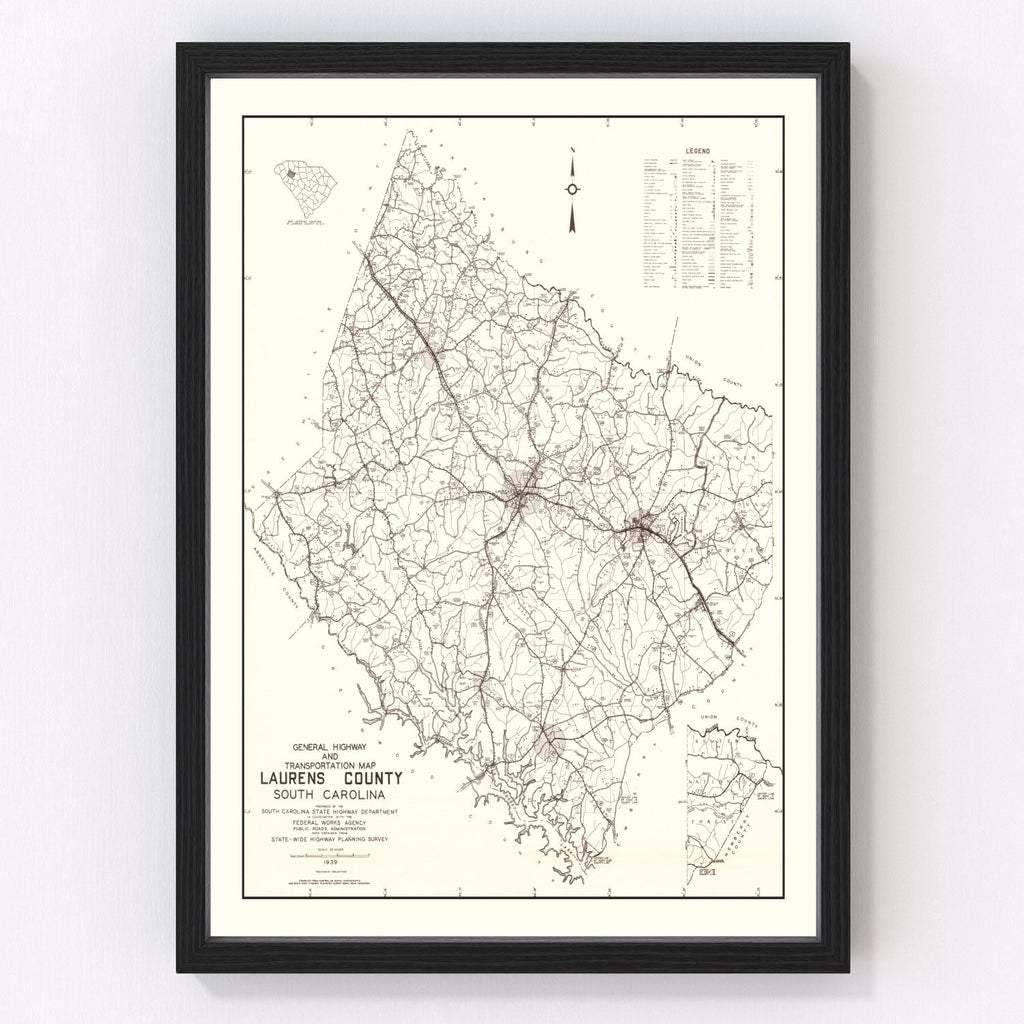 Vintage Map of Laurens County, South Carolina 1939