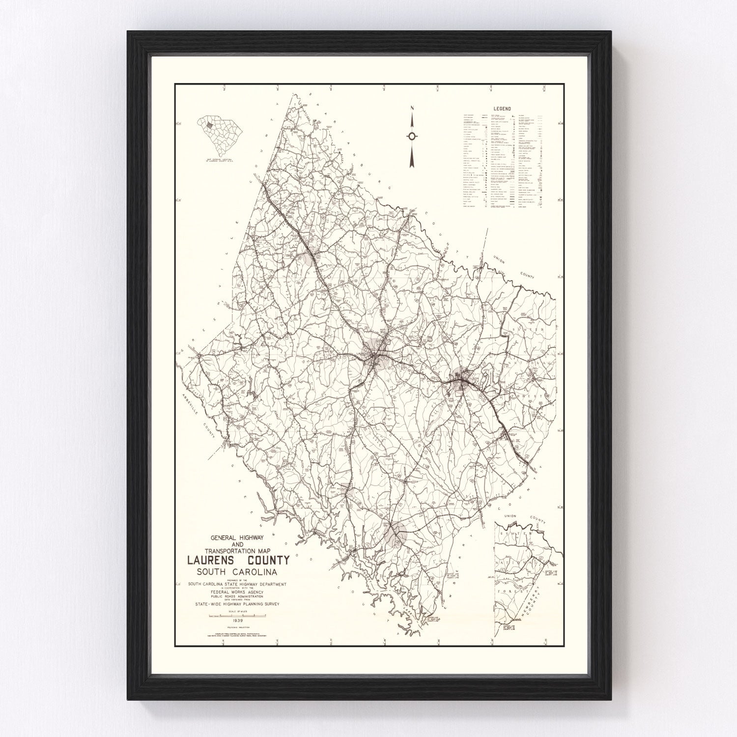 Vintage Map of Laurens County, South Carolina 1939