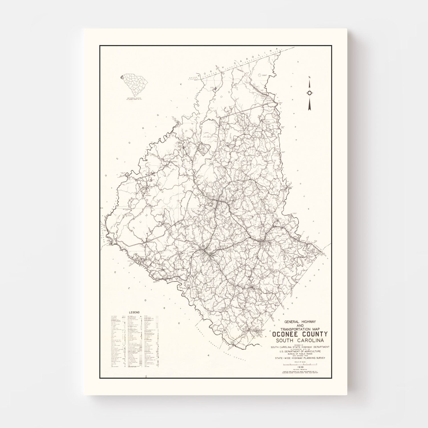 Vintage Map of Oconee County, South Carolina 1939