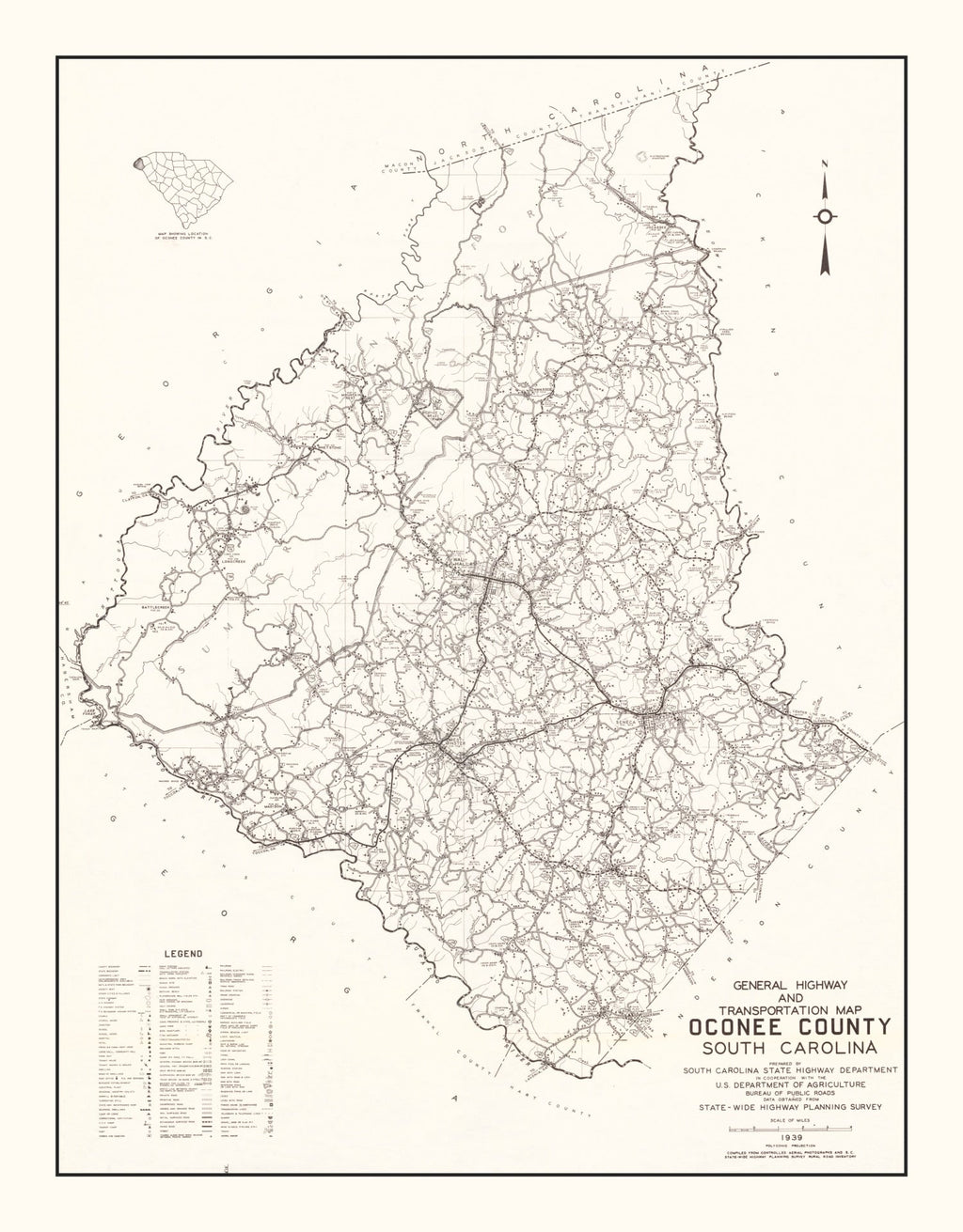 Vintage Map of Oconee County, South Carolina 1939