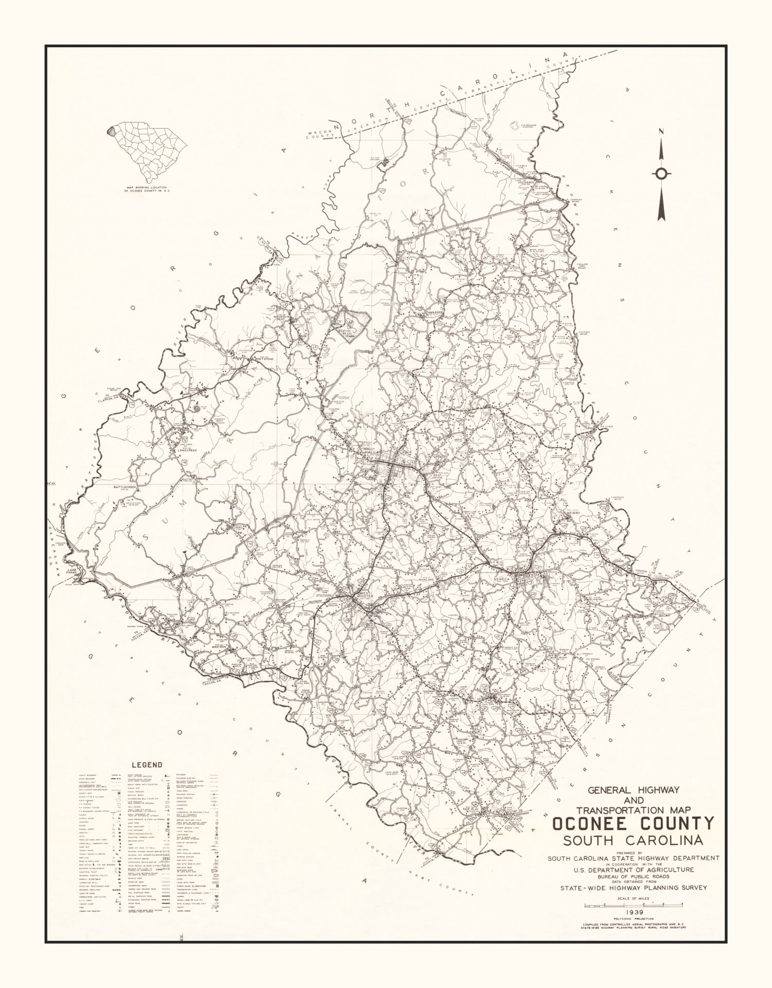 Vintage Map of Oconee County, South Carolina 1939