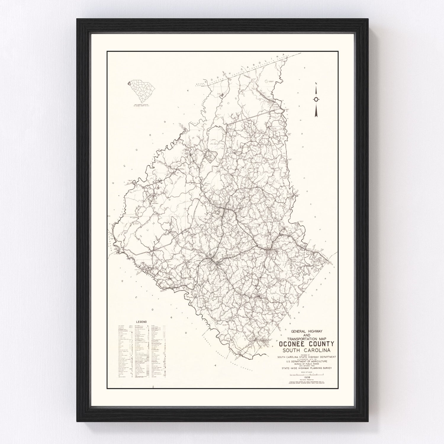Vintage Map of Oconee County, South Carolina 1939