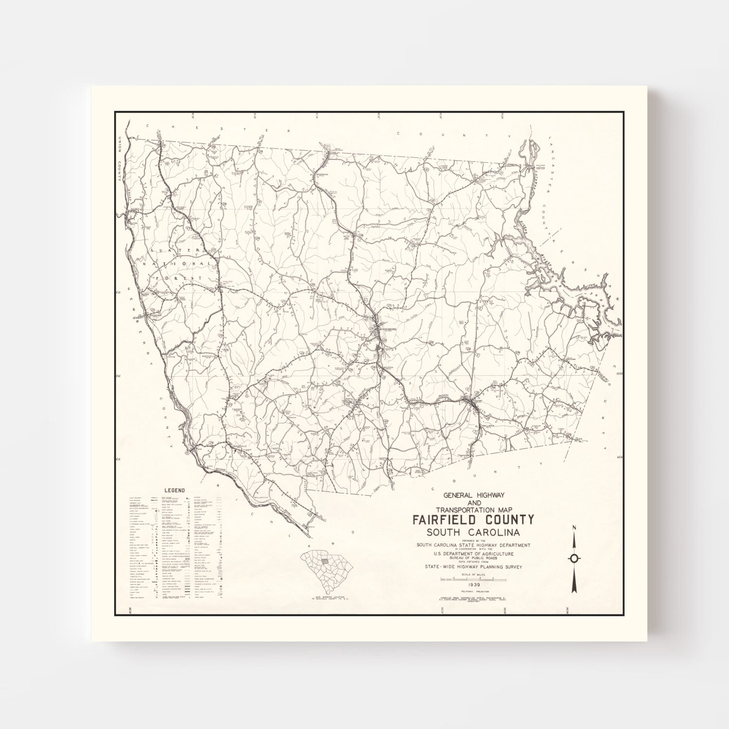 Vintage Map of Fairfield County, South Carolina 1939