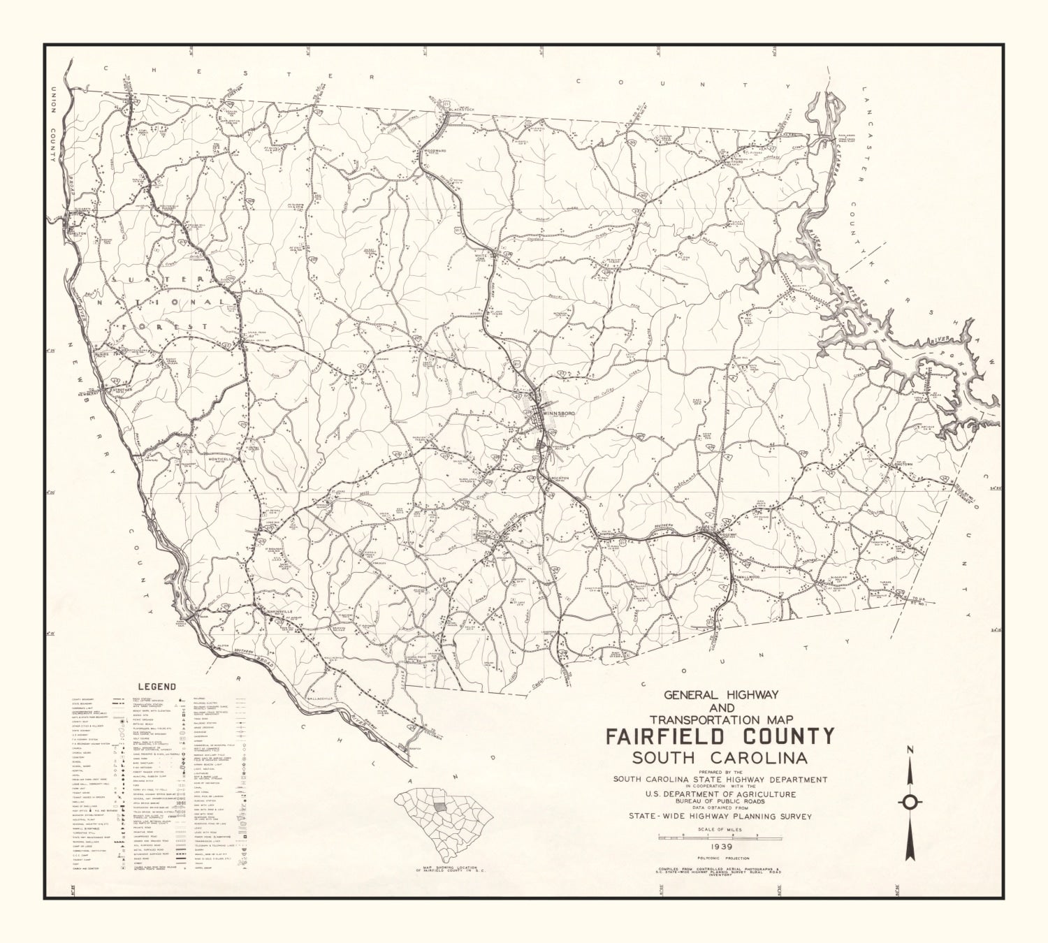 Vintage Map of Fairfield County, South Carolina 1939