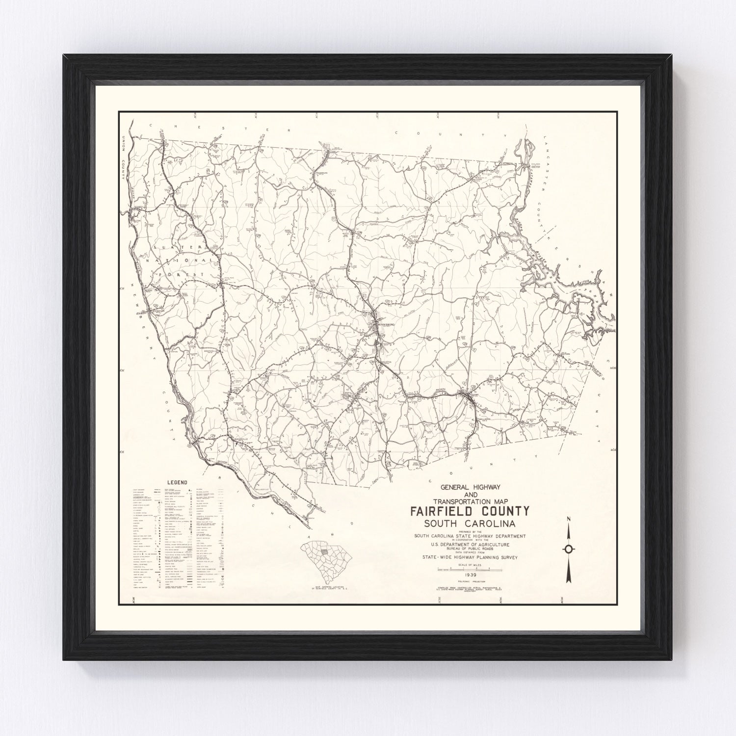 Vintage Map of Fairfield County, South Carolina 1939