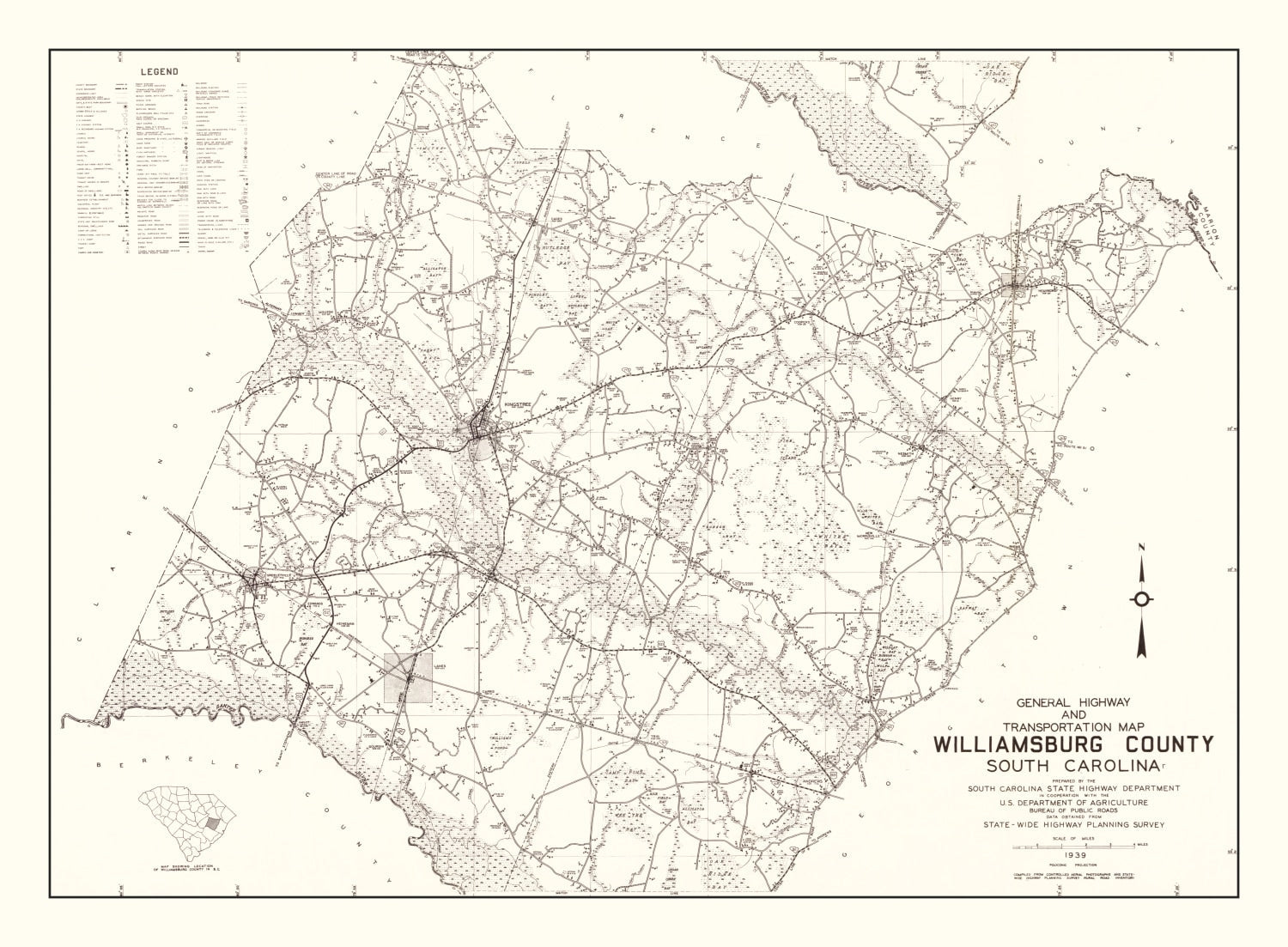 Vintage Map of Williamsburg County, South Carolina 1939