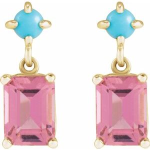 14K Yellow Gold Natural Pink Tourmaline & Natural Turquoise Earrings – image 2
