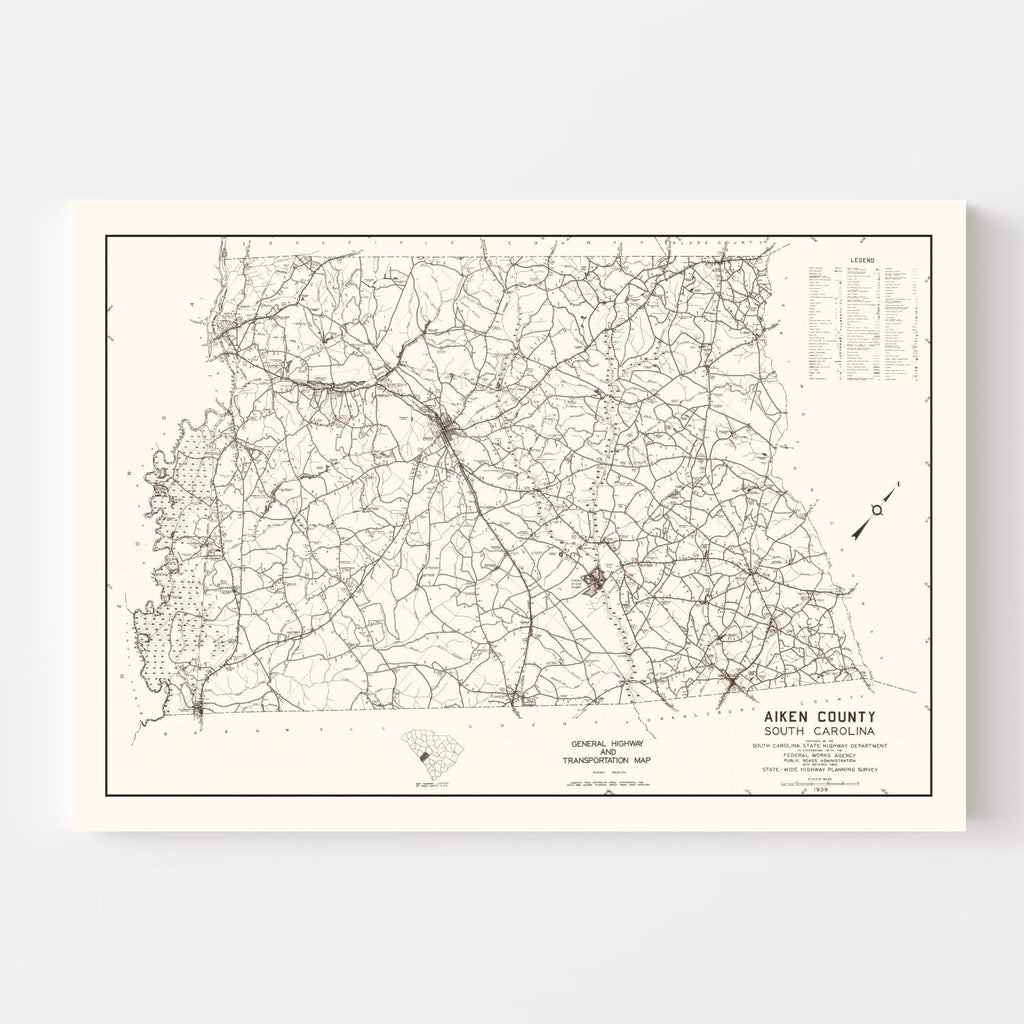Vintage Map of Aiken County, South Carolina 1939