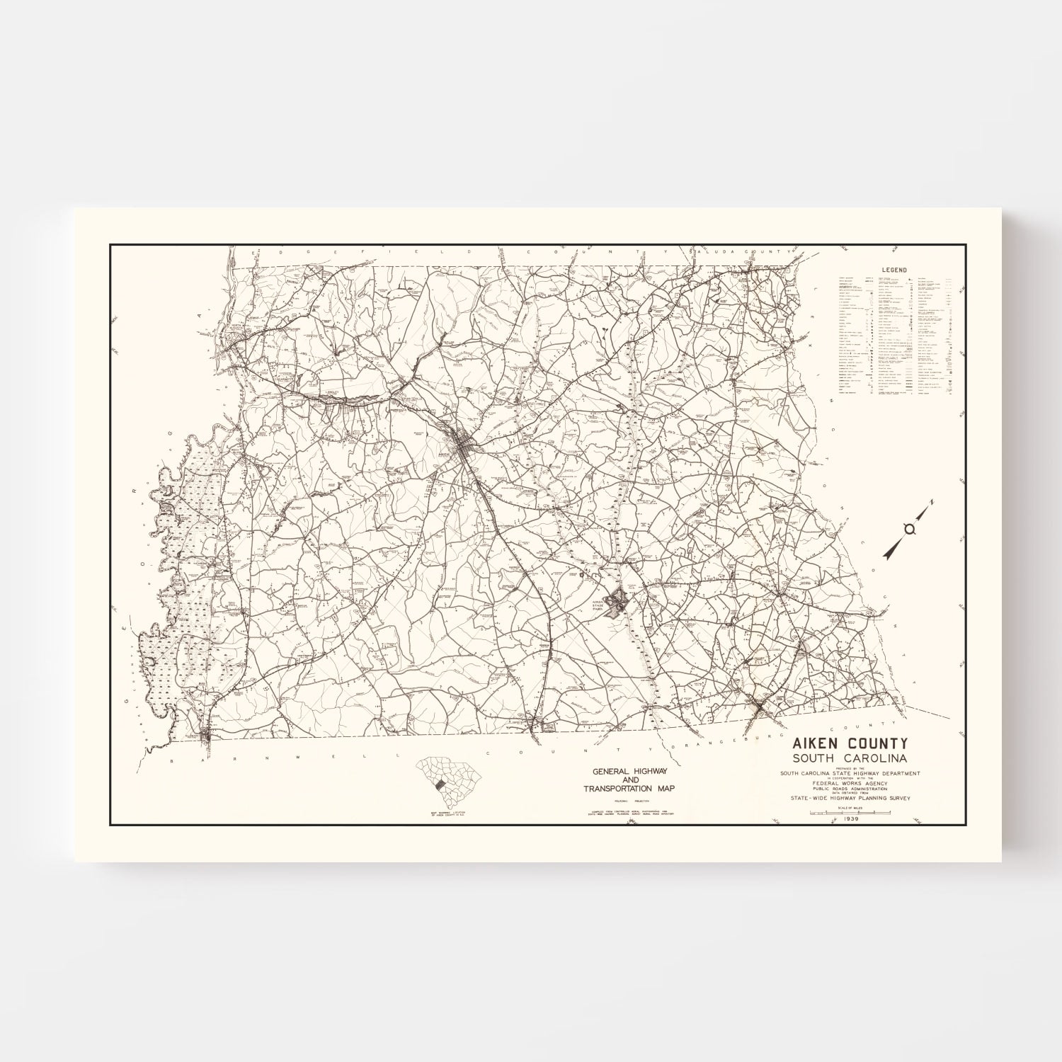 Vintage Map of Aiken County, South Carolina 1939