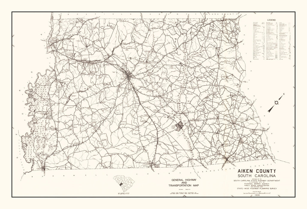 Vintage Map of Aiken County, South Carolina 1939
