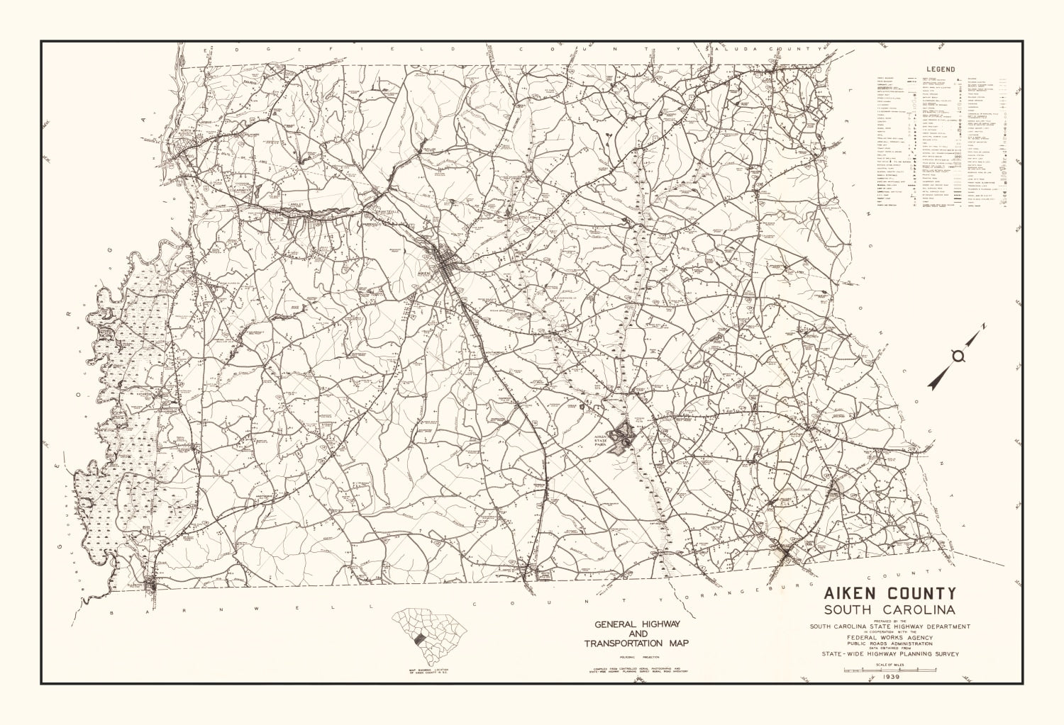 Vintage Map of Aiken County, South Carolina 1939
