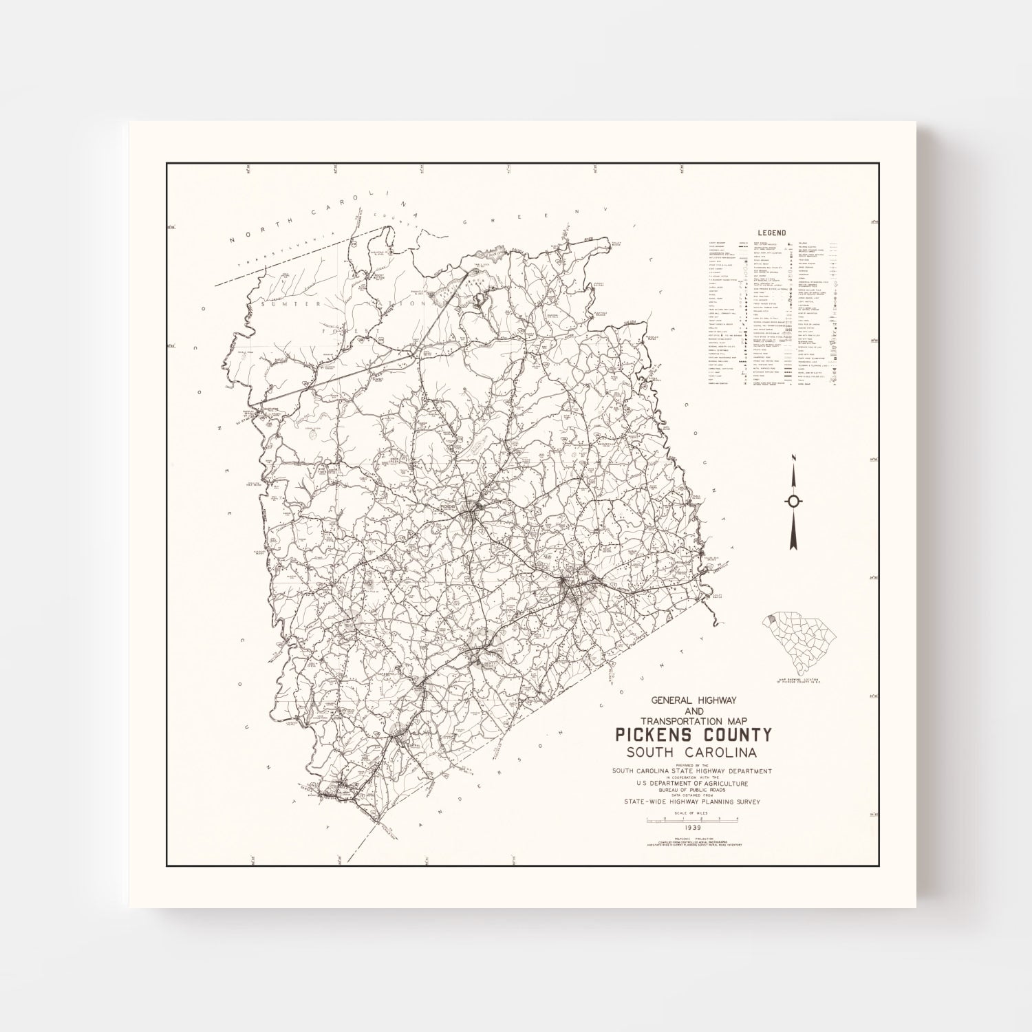 Vintage Map of Pickens County, South Carolina 1939