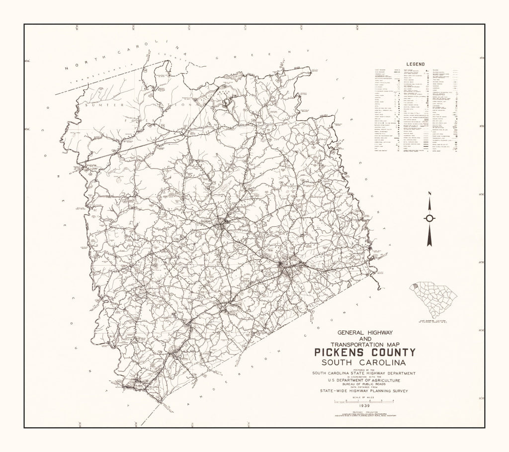 Vintage Map of Pickens County, South Carolina 1939