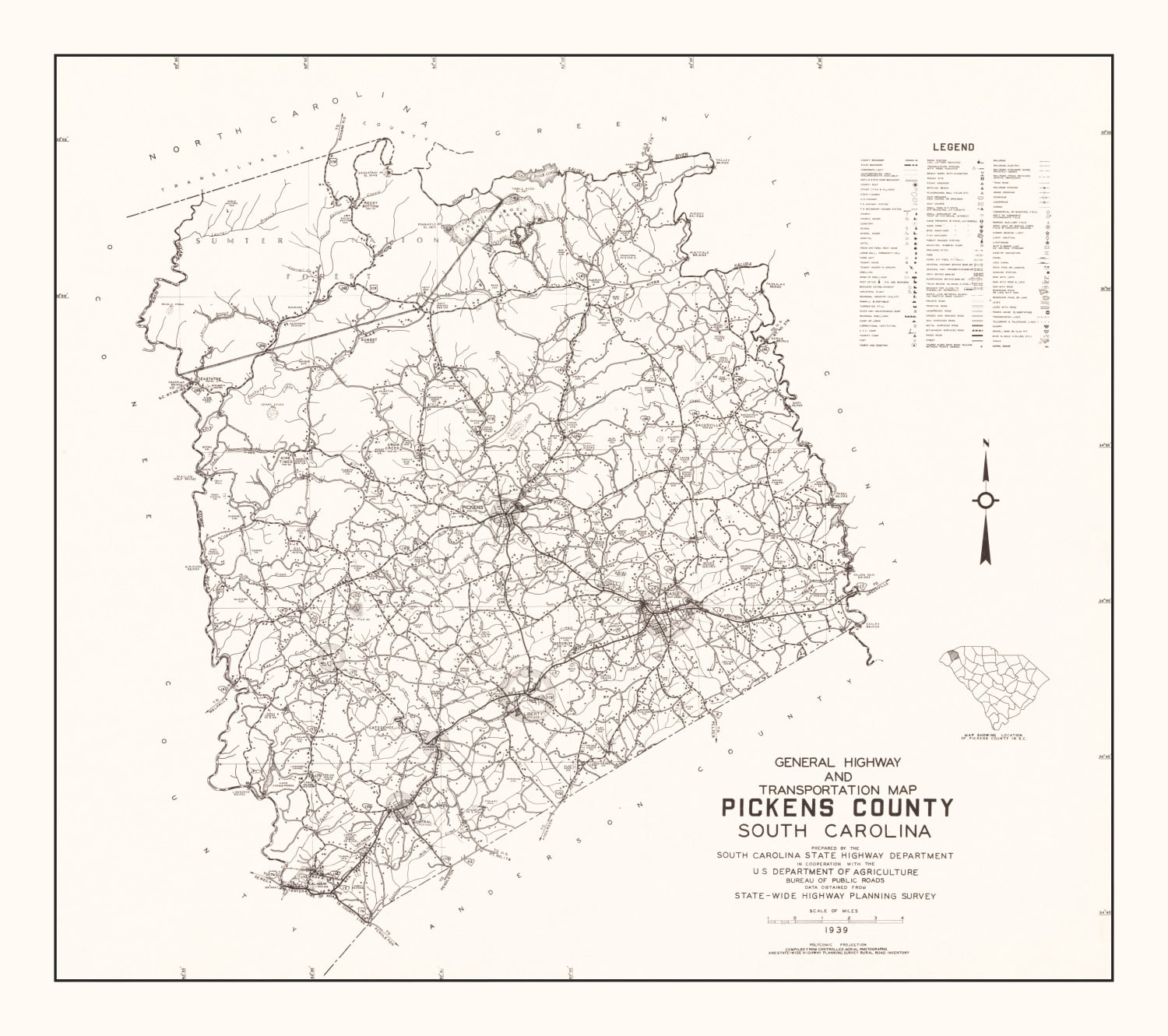 Vintage Map of Pickens County, South Carolina 1939