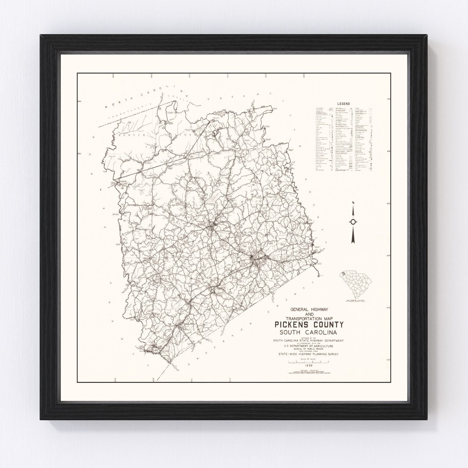 Vintage Map of Pickens County, South Carolina 1939