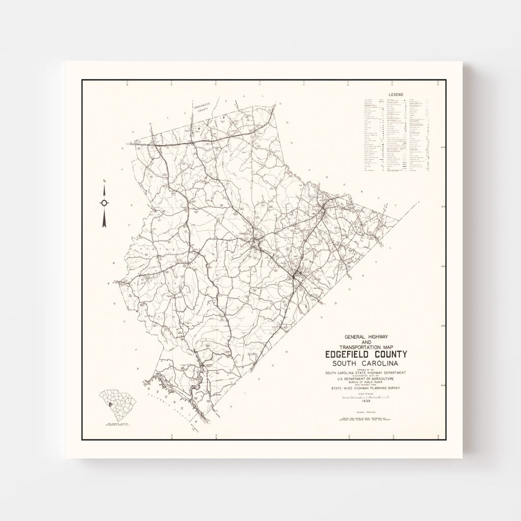 Vintage Map of Edgefield County, South Carolina 1939