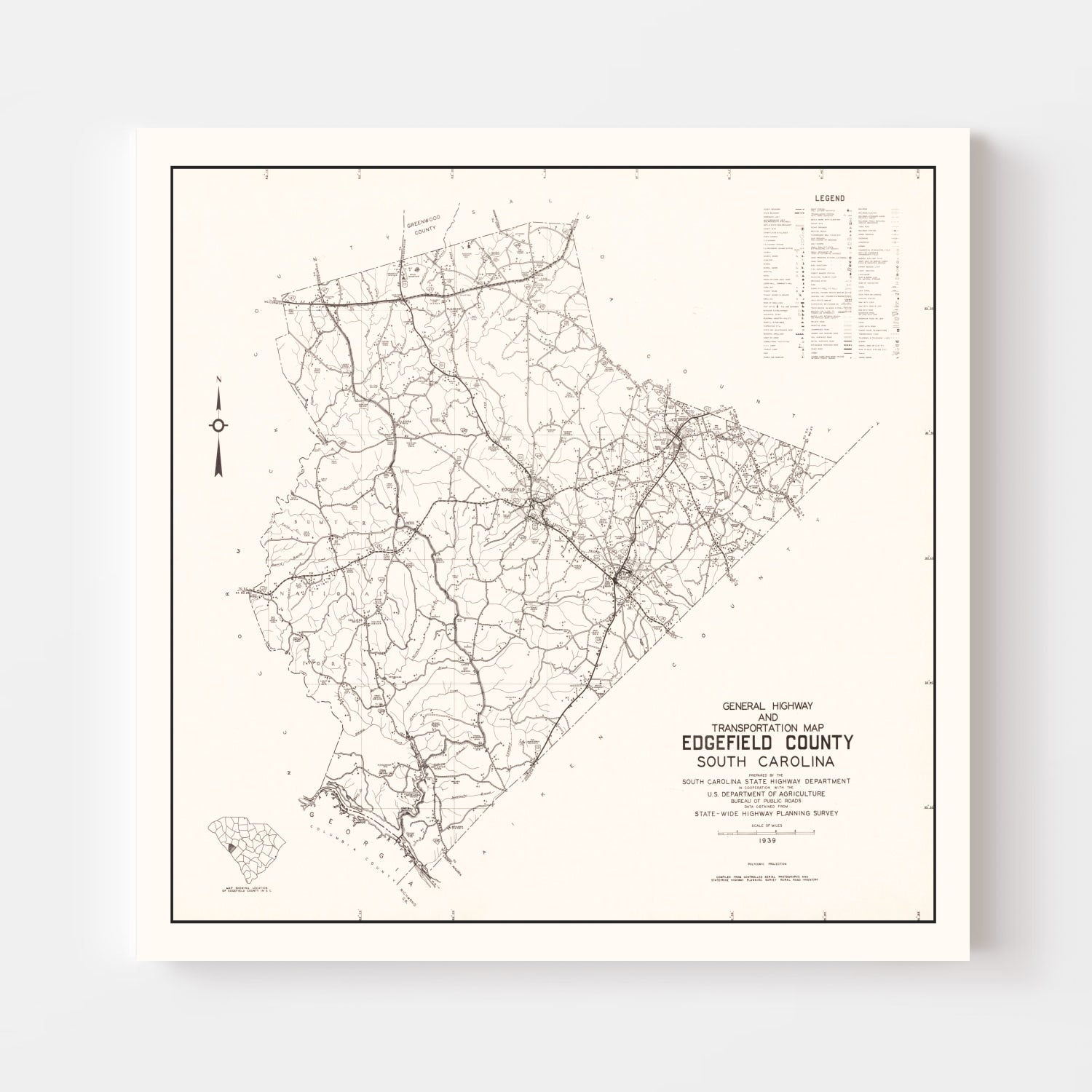 Vintage Map of Edgefield County, South Carolina 1939