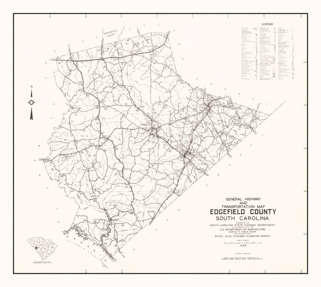 Vintage Map of Edgefield County, South Carolina 1939