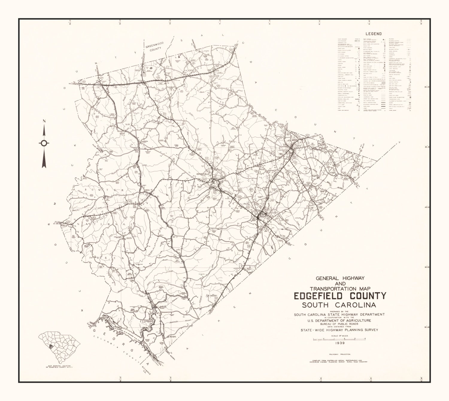 Vintage Map of Edgefield County, South Carolina 1939