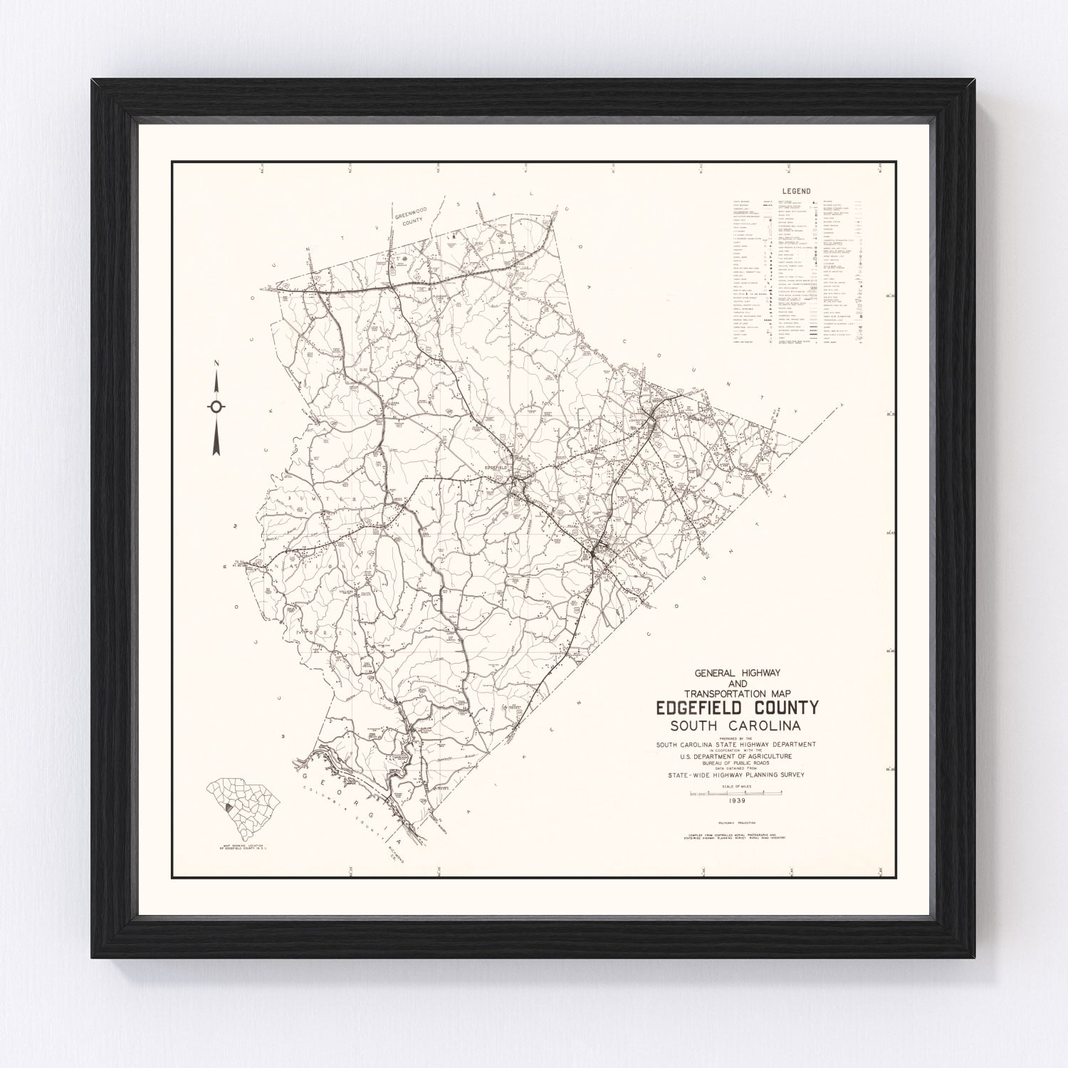 Vintage Map of Edgefield County, South Carolina 1939