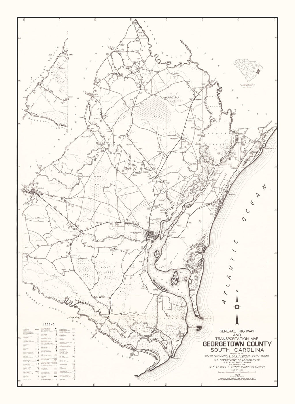 Vintage Map of Georgetown County, South Carolina 1939