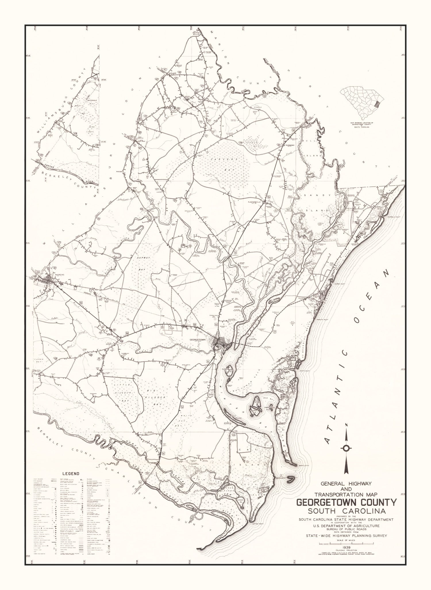 Vintage Map of Georgetown County, South Carolina 1939