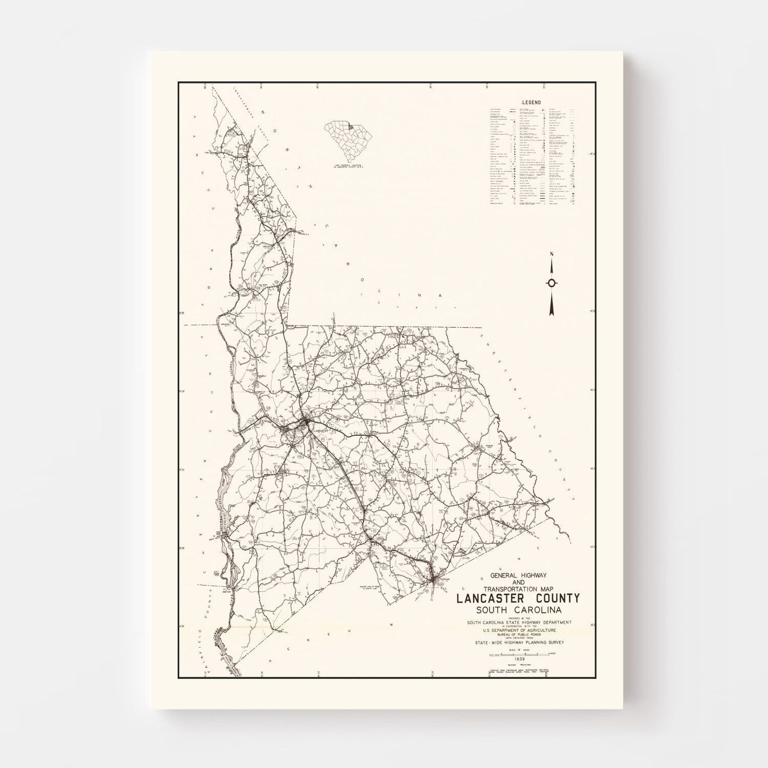 Vintage Map of Lancaster County, South Carolina 1939