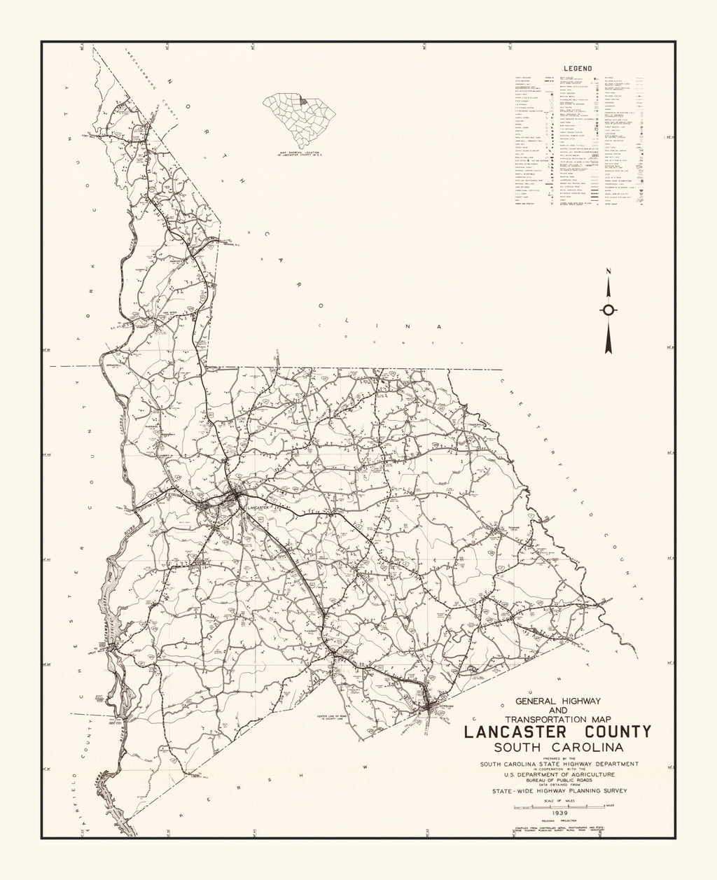 Vintage Map of Lancaster County, South Carolina 1939