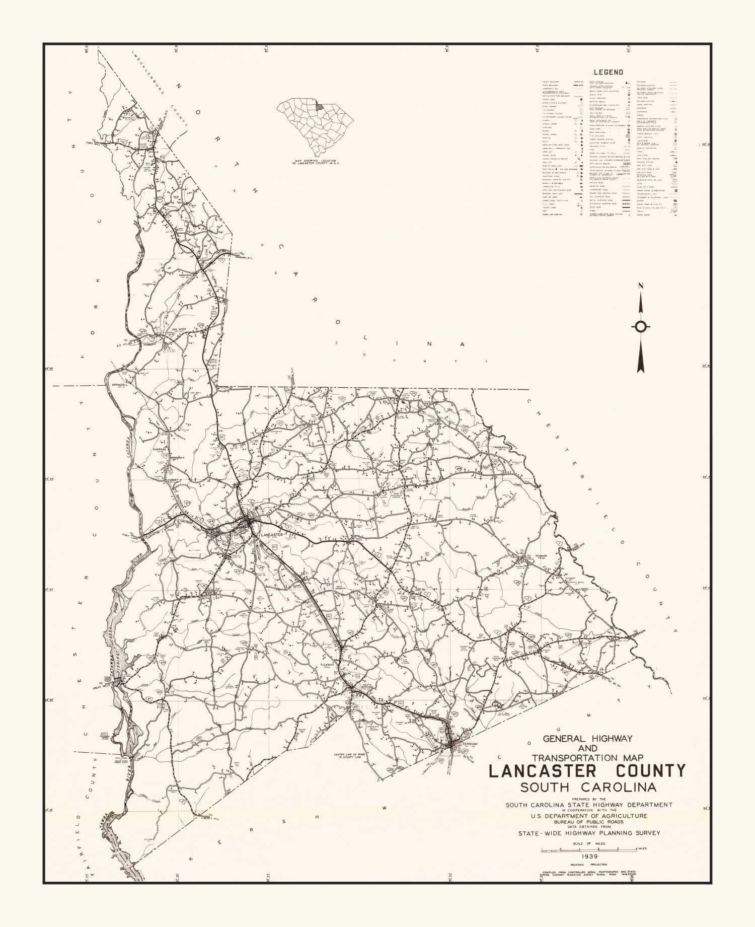 Vintage Map of Lancaster County, South Carolina 1939