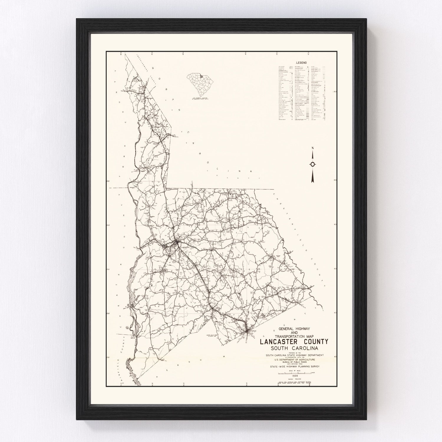 Vintage Map of Lancaster County, South Carolina 1939