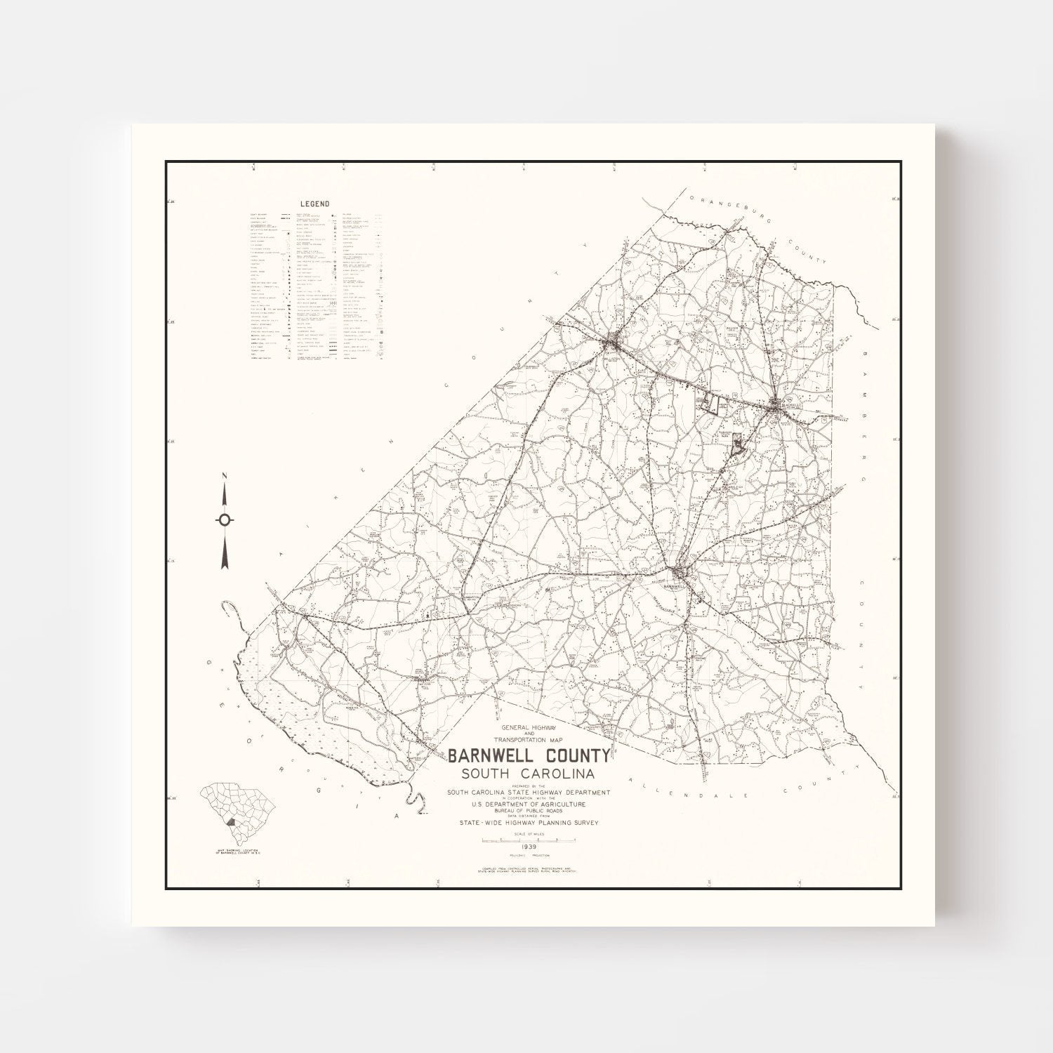 Vintage Map of Barnwell County, South Carolina 1939