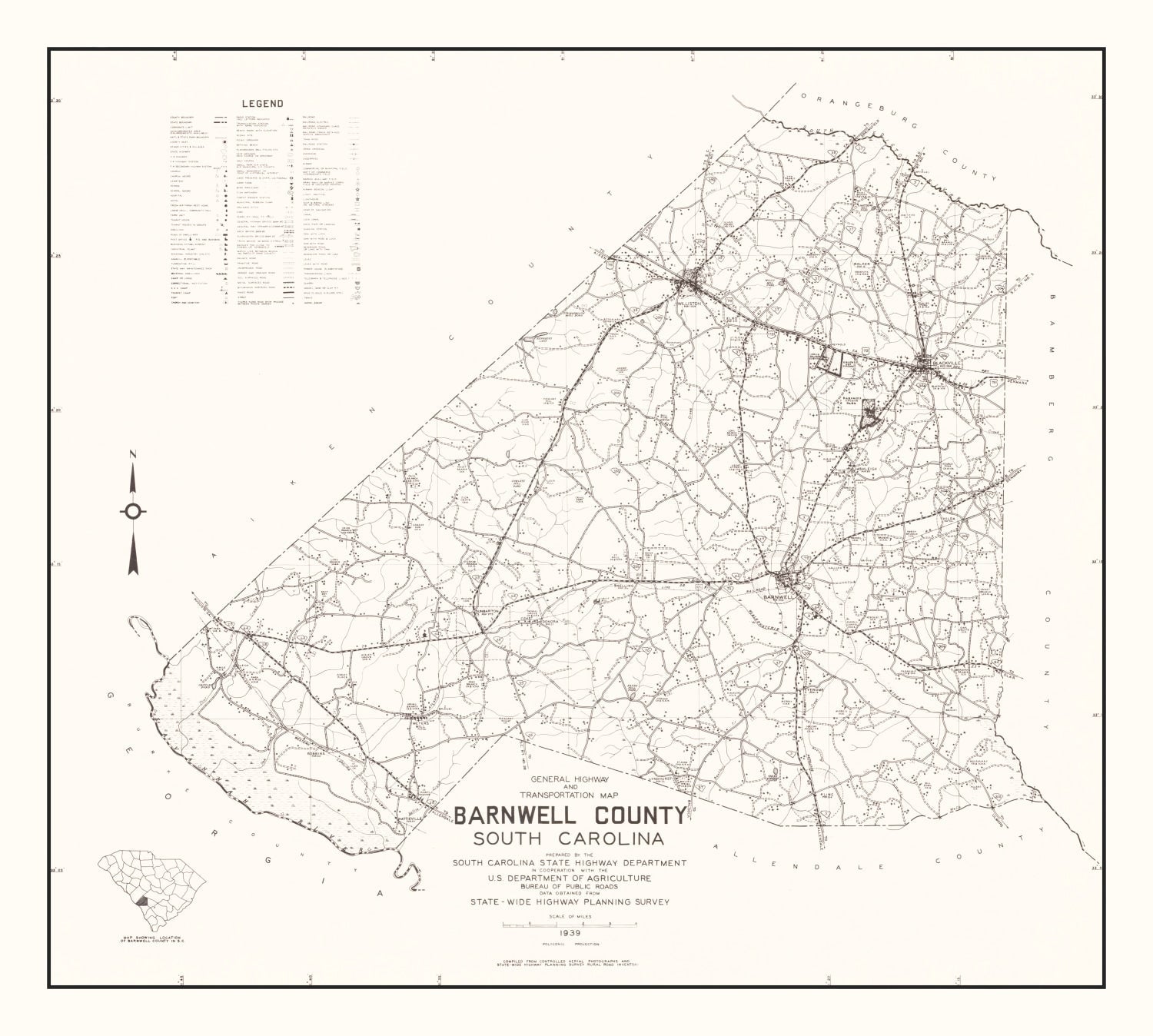 Vintage Map of Barnwell County, South Carolina 1939