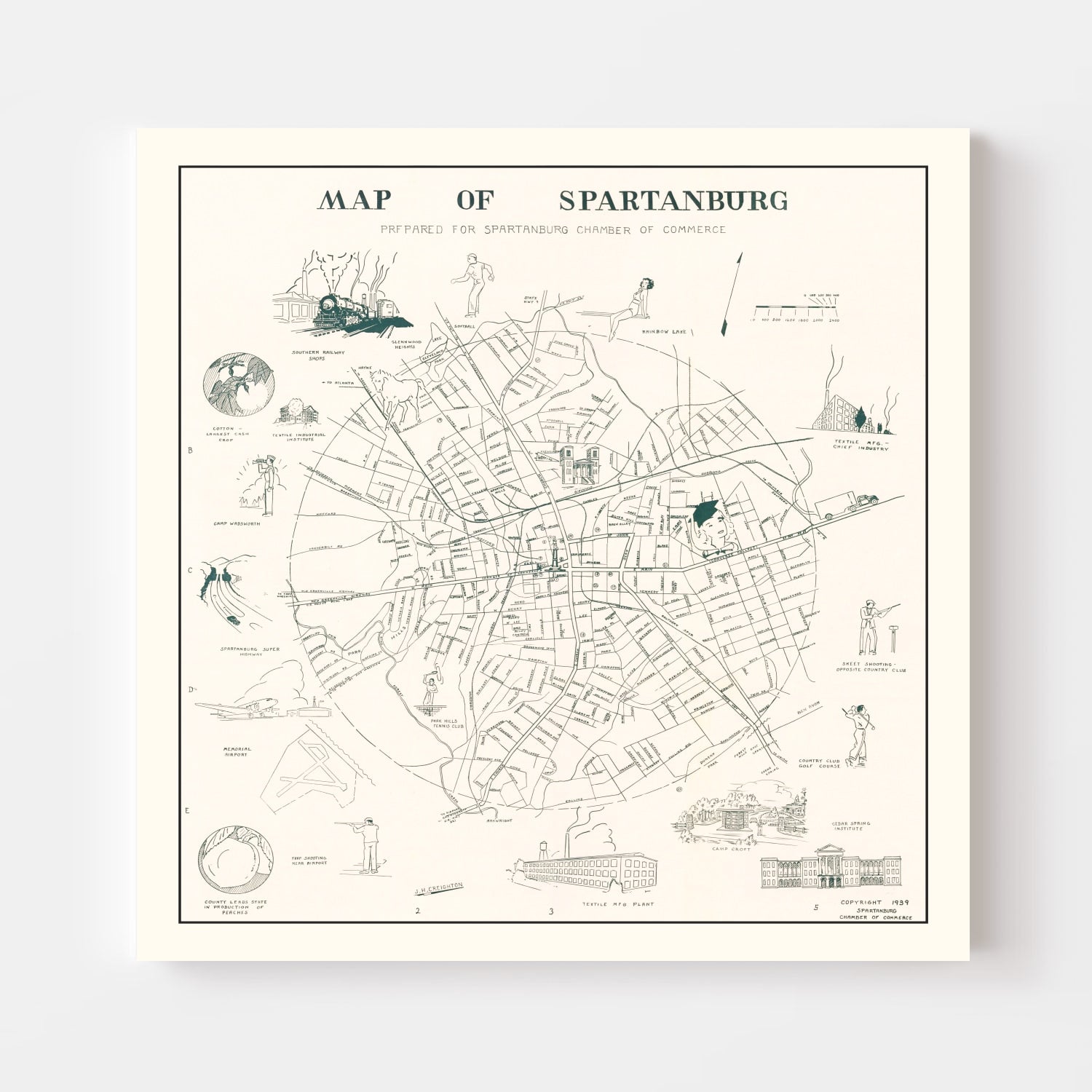 Vintage Map of Spartanburg, South Carolina 1939
