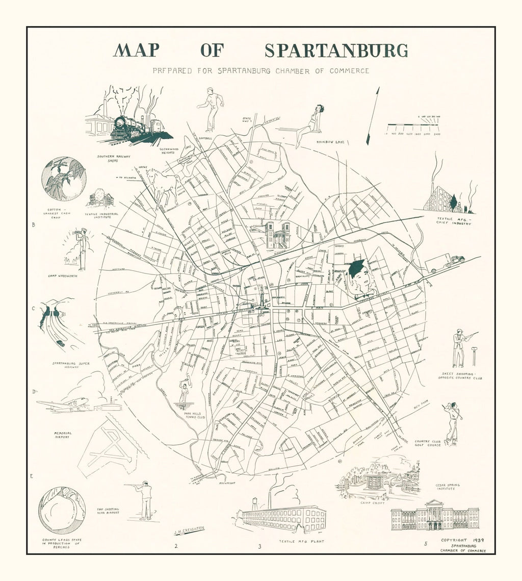 Vintage Map of Spartanburg, South Carolina 1939