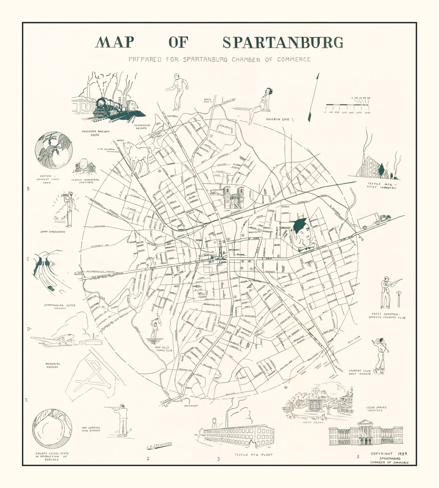Vintage Map of Spartanburg, South Carolina 1939