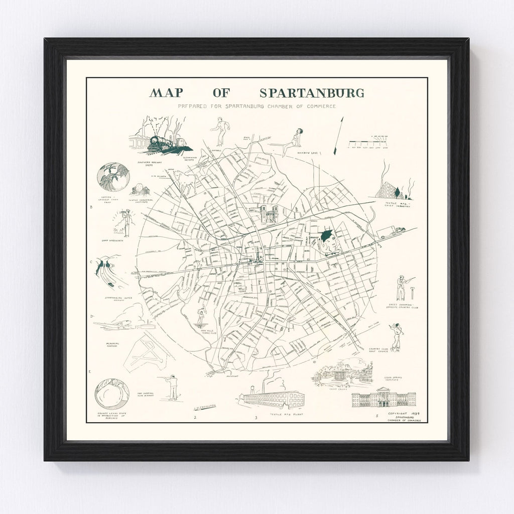 Vintage Map of Spartanburg, South Carolina 1939