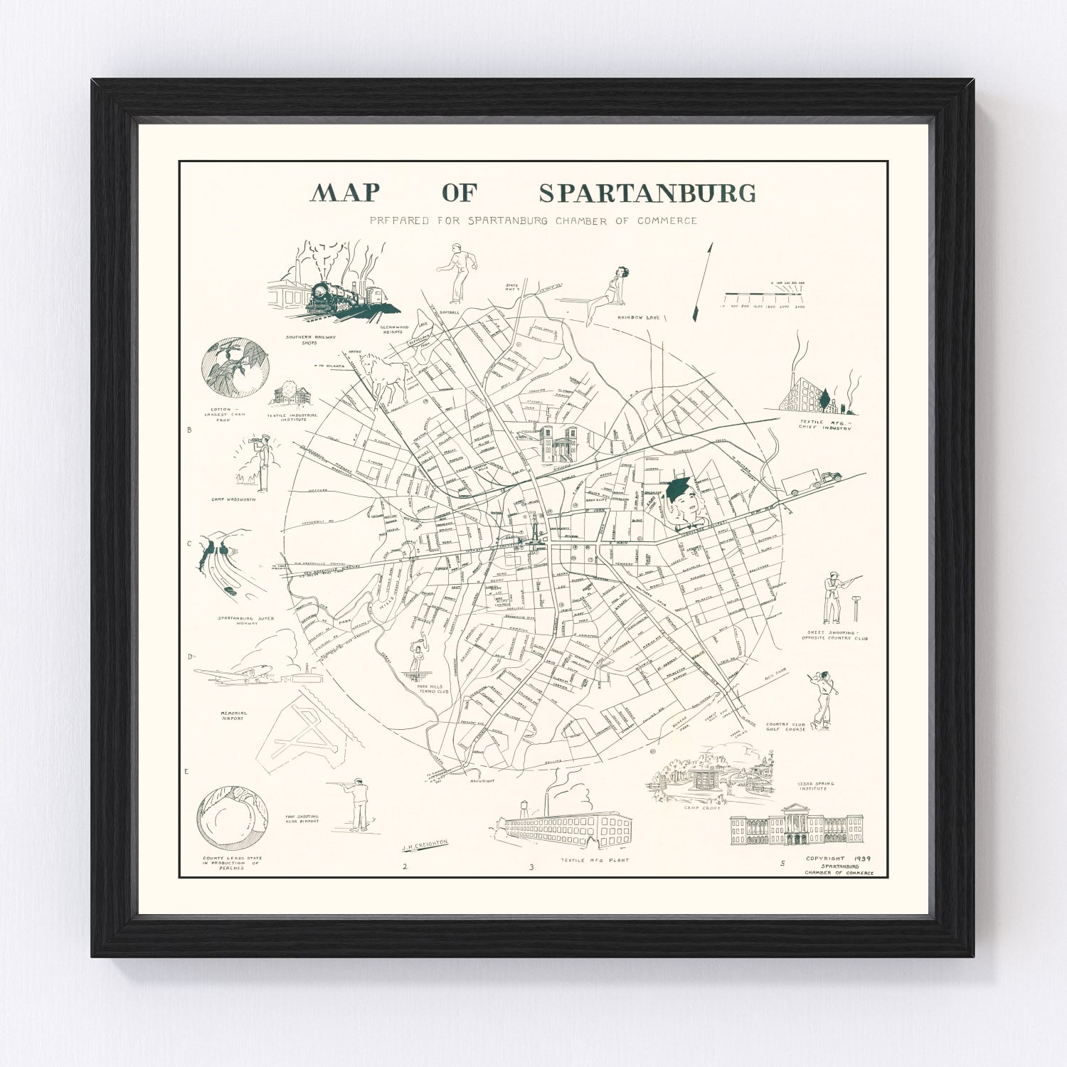 Vintage Map of Spartanburg, South Carolina 1939