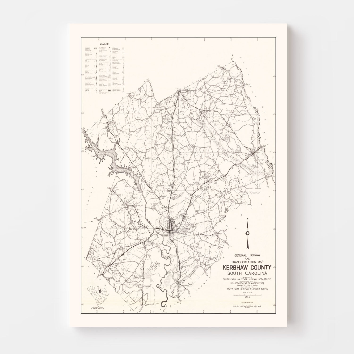 Vintage Map of Kershaw County, South Carolina 1938