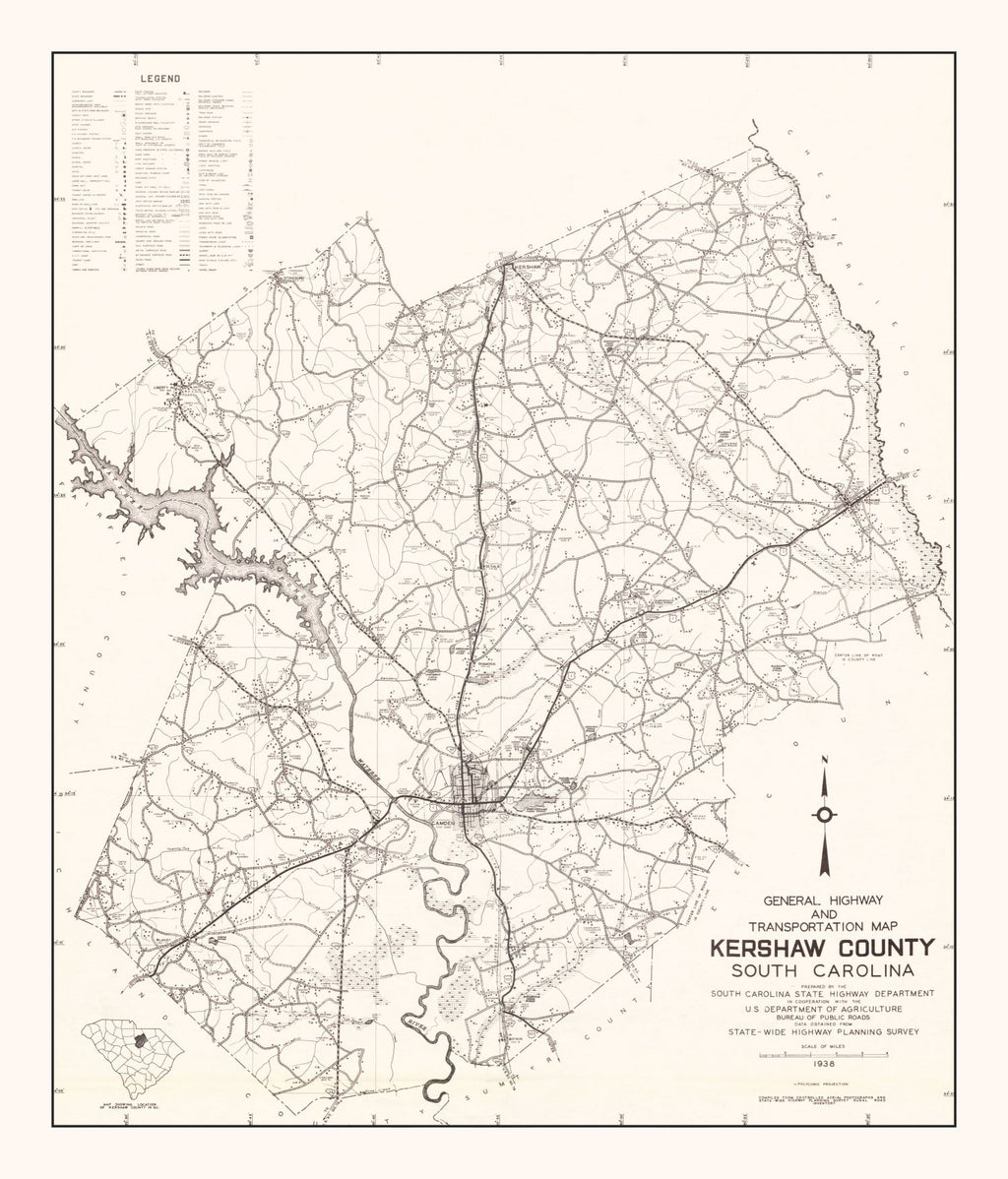 Vintage Map of Kershaw County, South Carolina 1938