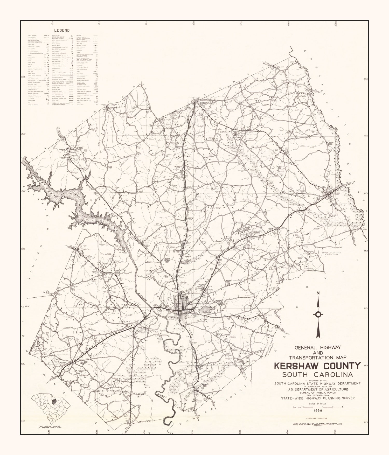 Vintage Map of Kershaw County, South Carolina 1938