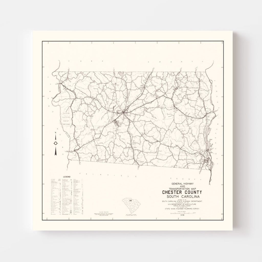 Vintage Map of Chester County, South Carolina 1938