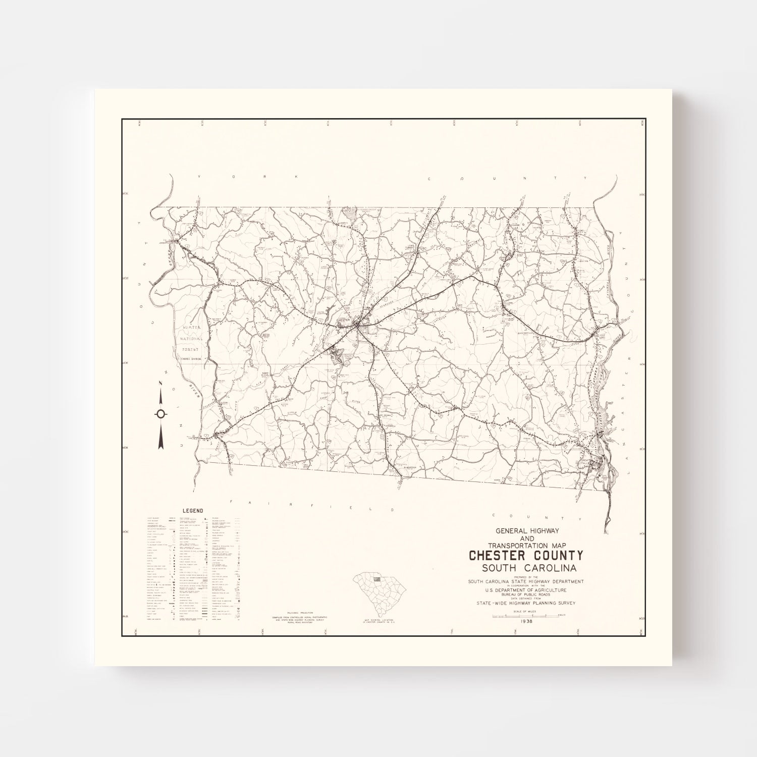 Vintage Map of Chester County, South Carolina 1938
